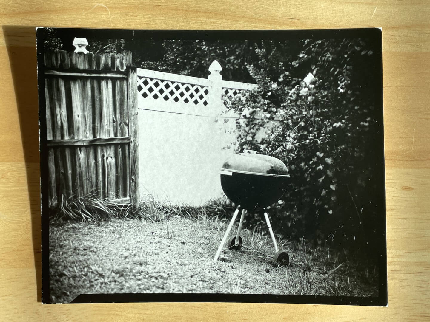 Black and white print of a charcoal grill sitting in the grass in front of two different styles of fence with some plants on the right side