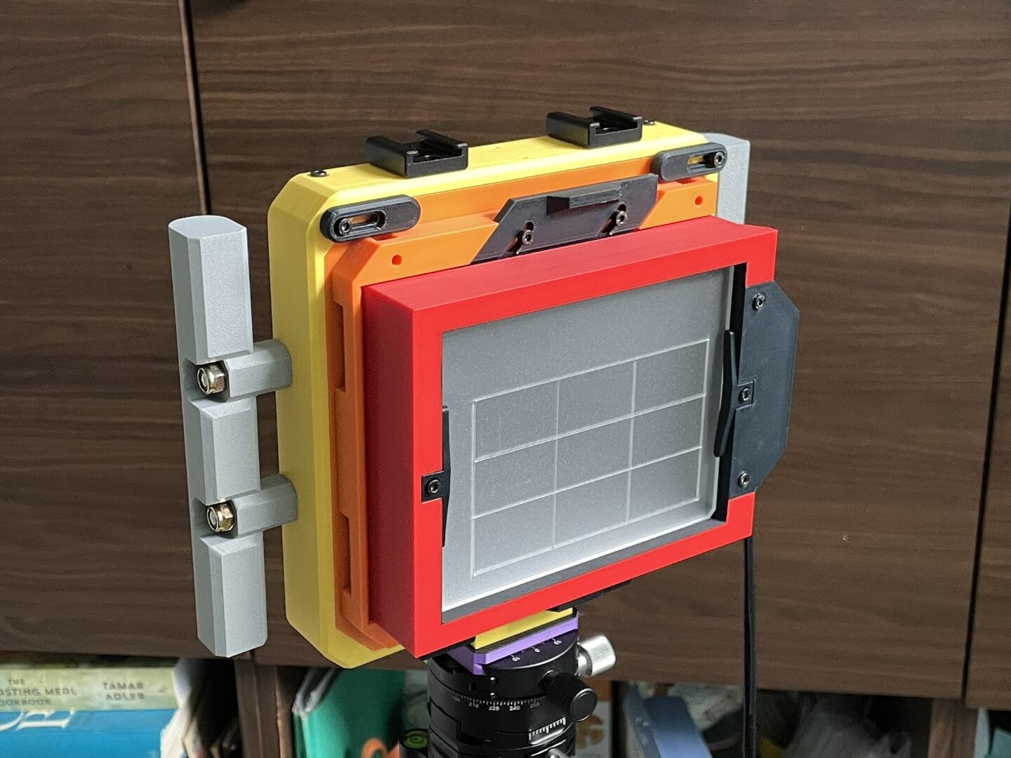 Vega 4x5 rear standard with ground glass holder mounted. Rear view.