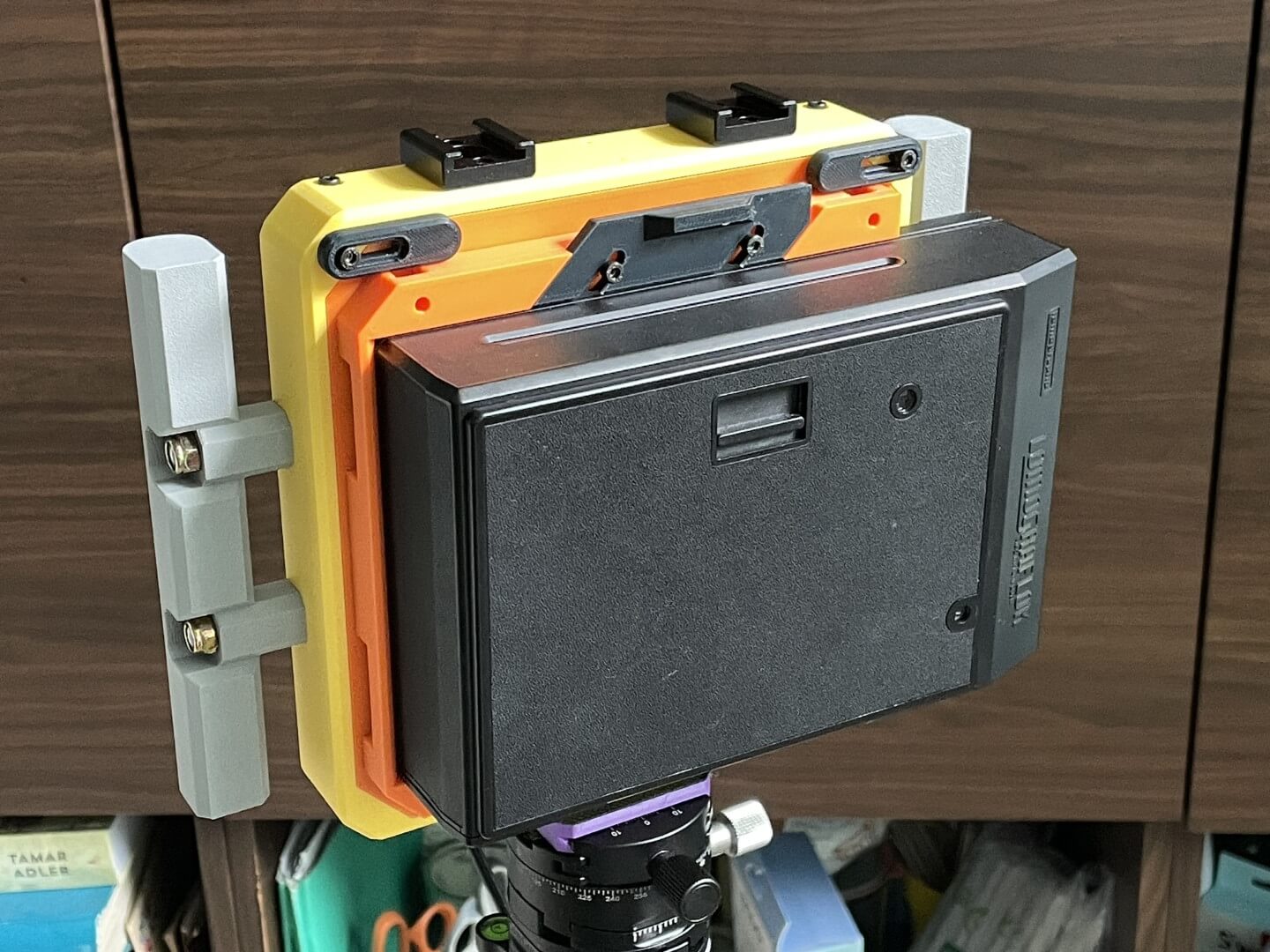 Vega 4x5 rear standard with Lomograflok back mounted. Rear view.